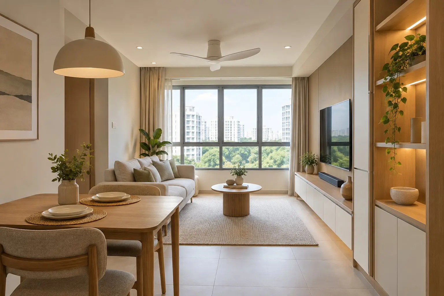 A compact, freshly renovated 3-room HDB living and dining area in warm neutral tones with built-in storage along one wall, no people