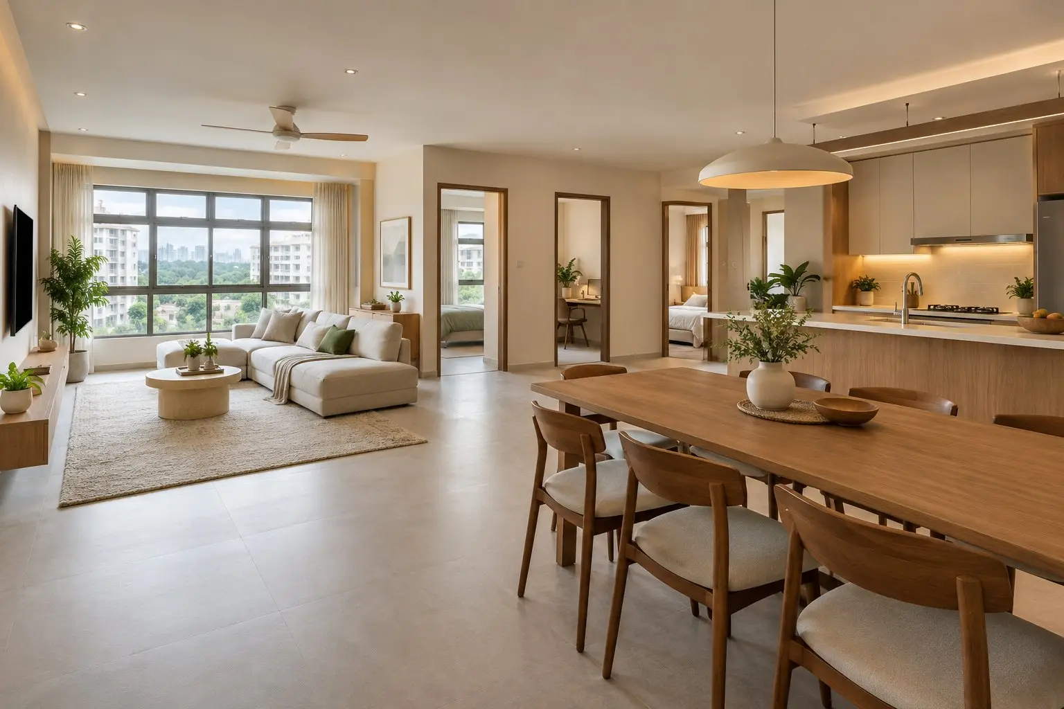 A spacious, freshly renovated 5-room HDB living and dining area in warm neutral tones with built-in storage and an open kitchen, no people
