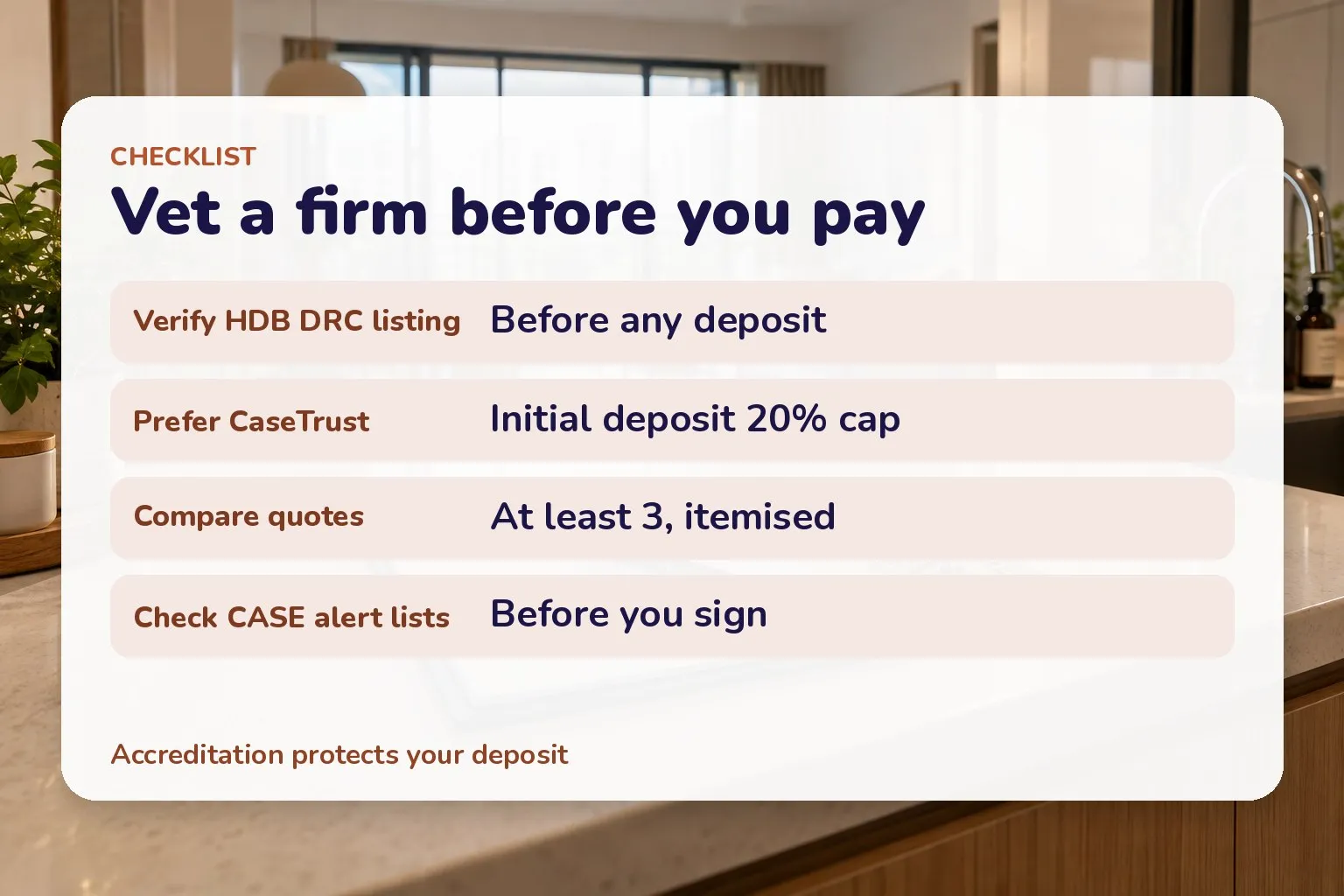 Checklist card for vetting a renovation firm before paying a deposit