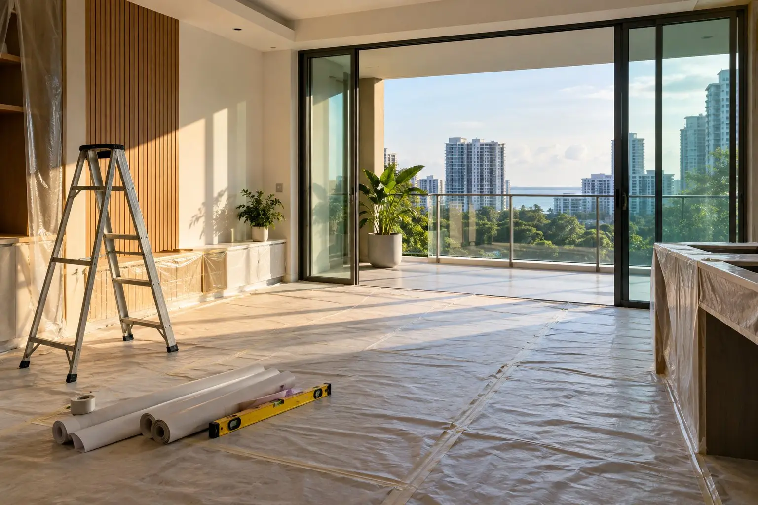 A bright empty condominium interior mid-renovation with a balcony, floor plans and tools on protective sheeting, no people