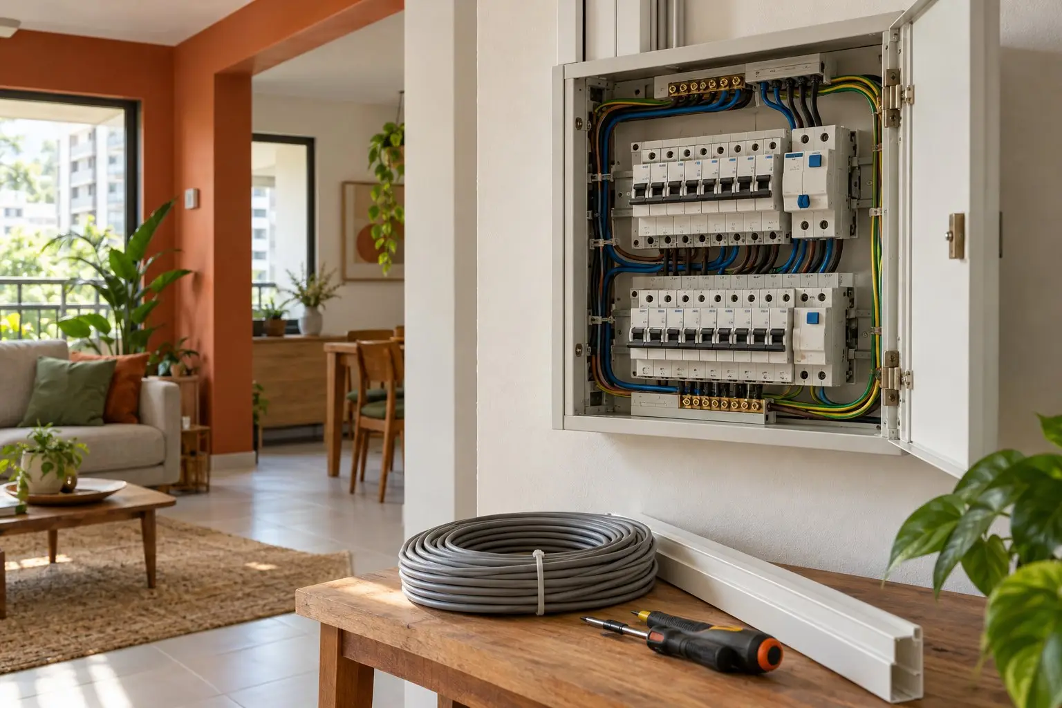 An open residential distribution board with new circuit breakers and an RCCB during a flat rewire, coils of cable and trunking on a bench, no people