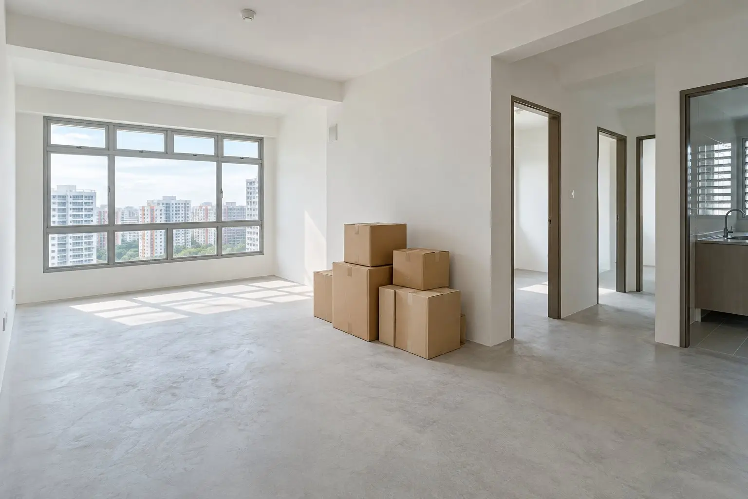 An empty freshly handed-over HDB BTO flat with bare finishes and a few stacked moving boxes