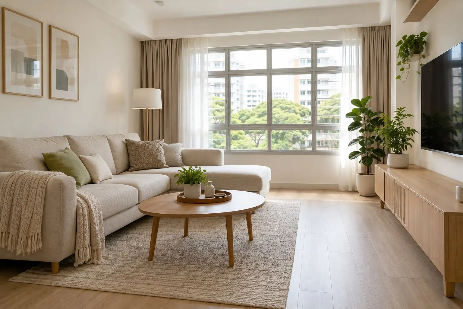 A bright renovated HDB living room with light wood-look vinyl plank flooring and simple furniture