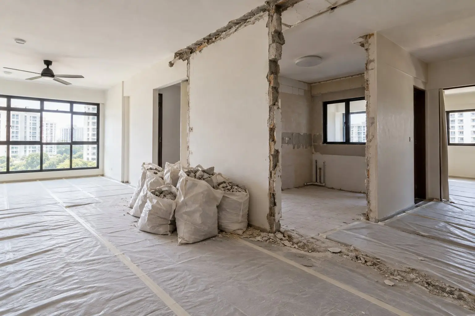An HDB flat interior during demolition of a lightweight partition wall with neatly bagged rubble