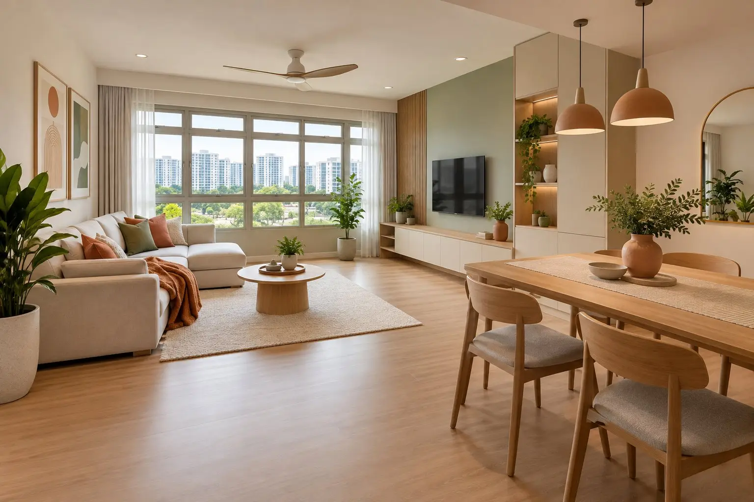A bright, fully furnished HDB-style living and dining room with light cabinetry, a sofa and a wooden dining table