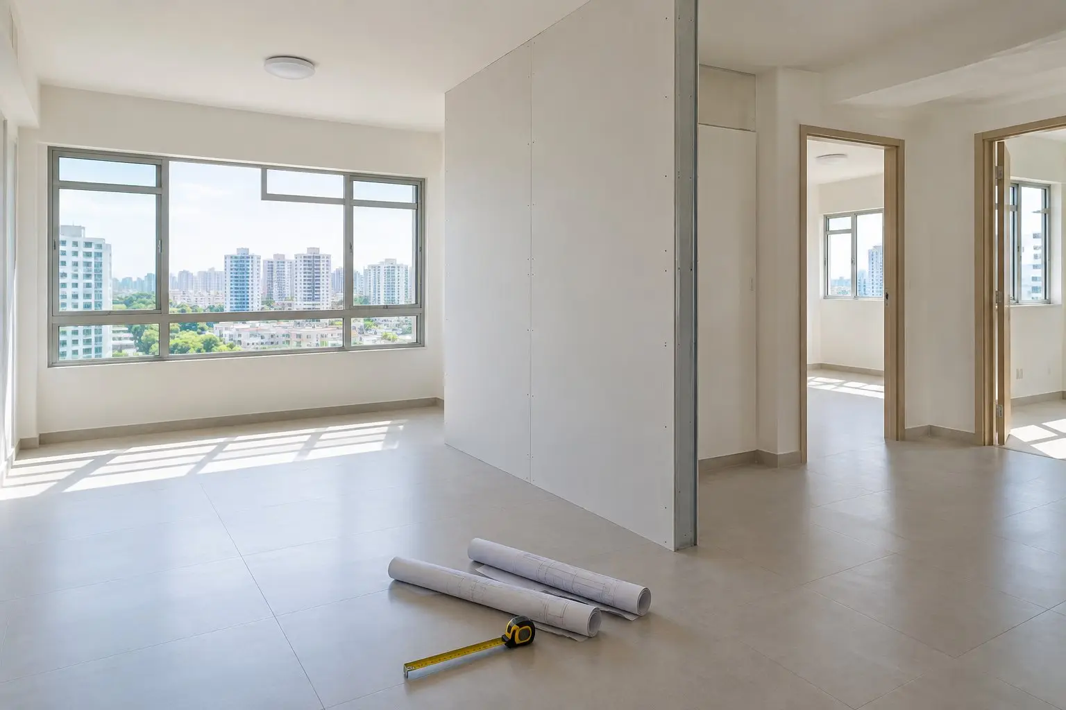 A tidy empty HDB flat interior with a partition wall, a measuring tape and rolled floor plans on the floor