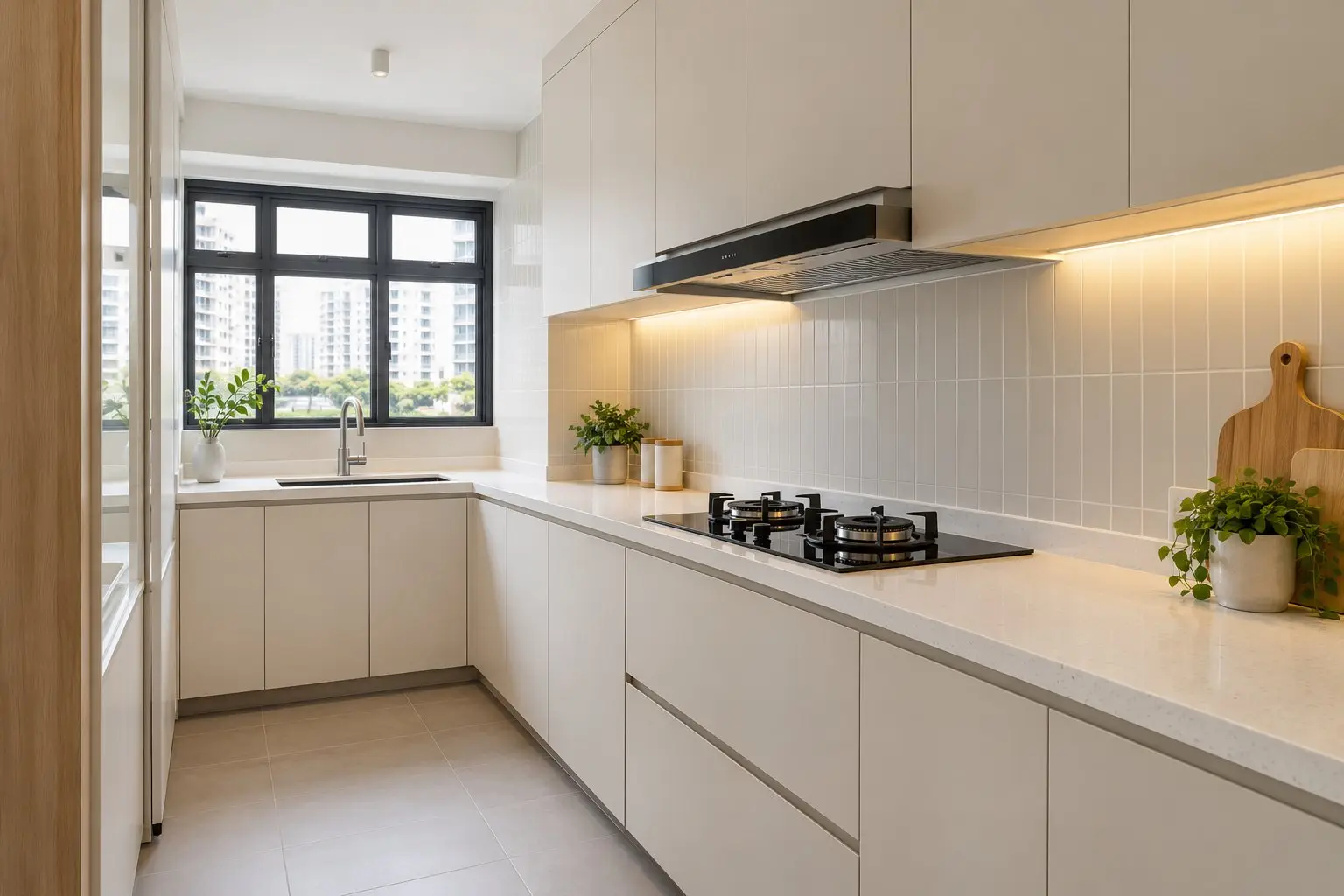 A newly renovated compact HDB kitchen with light cabinetry, quartz-look worktop and built-in hob and hood