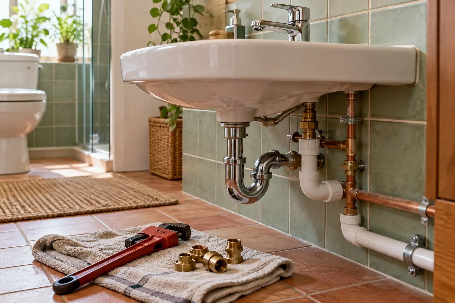 A chrome mixer tap and exposed copper and PVC pipes under a bathroom basin during a plumbing job, pipe wrench and fittings on a cloth, no people