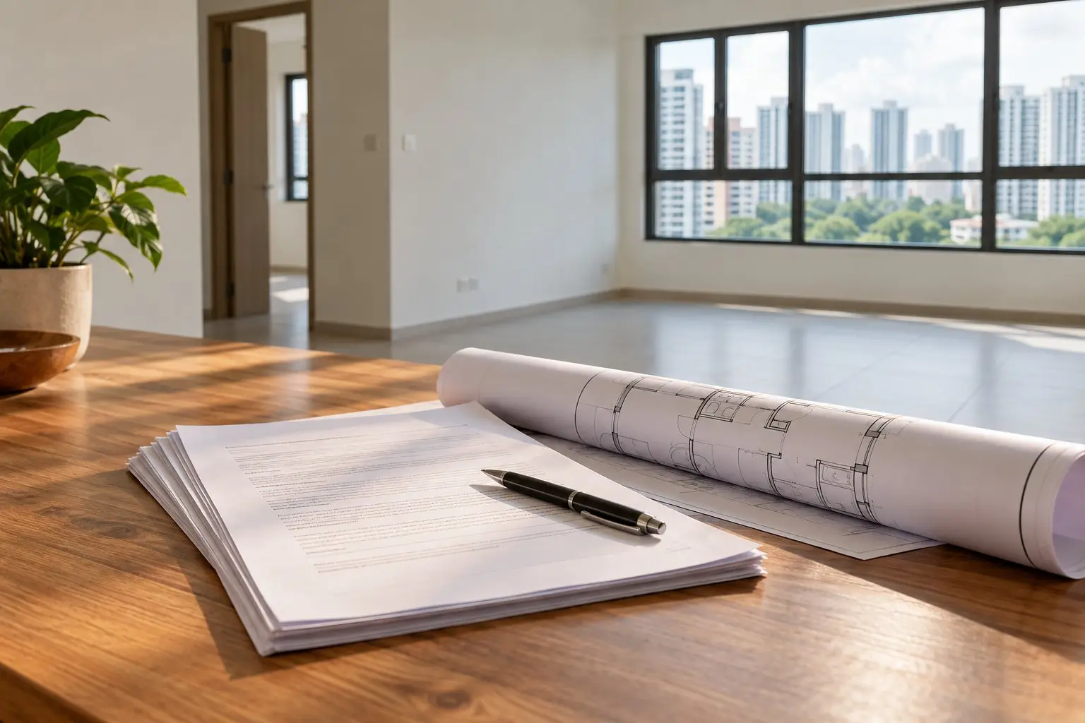 A printed renovation contract, a floor plan and a pen resting on a wooden table in a bright empty flat
