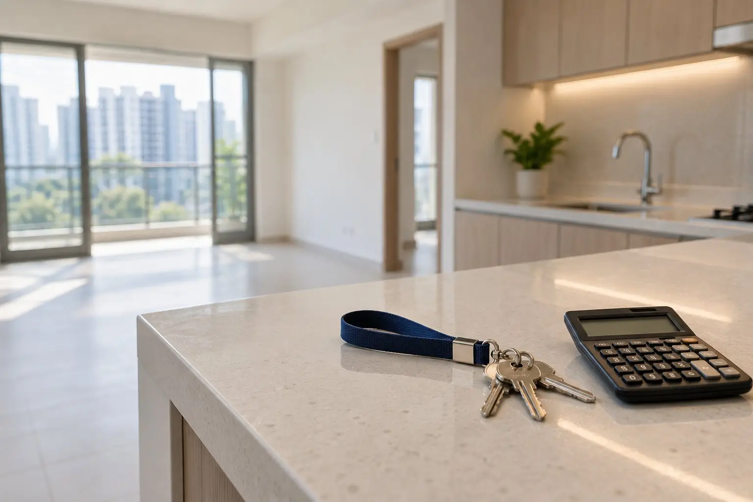 A set of new flat keys and a calculator on a kitchen counter in a freshly renovated empty home
