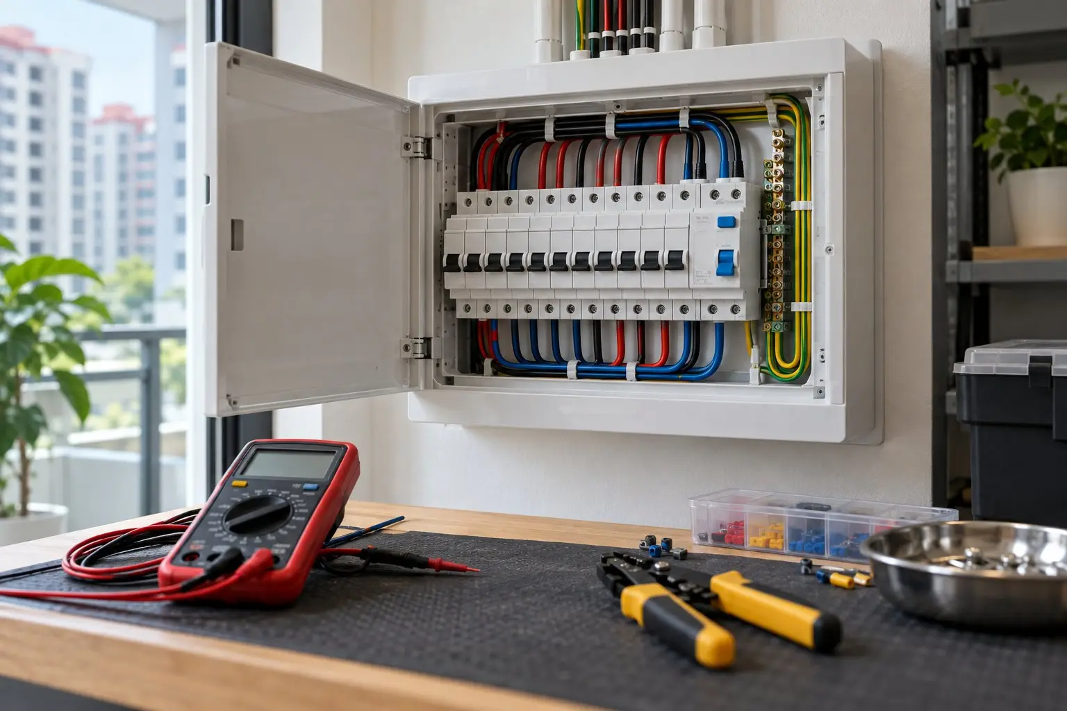 An open residential distribution board with neatly labelled circuit breakers and an RCCB, wiring tools on a bench, no people