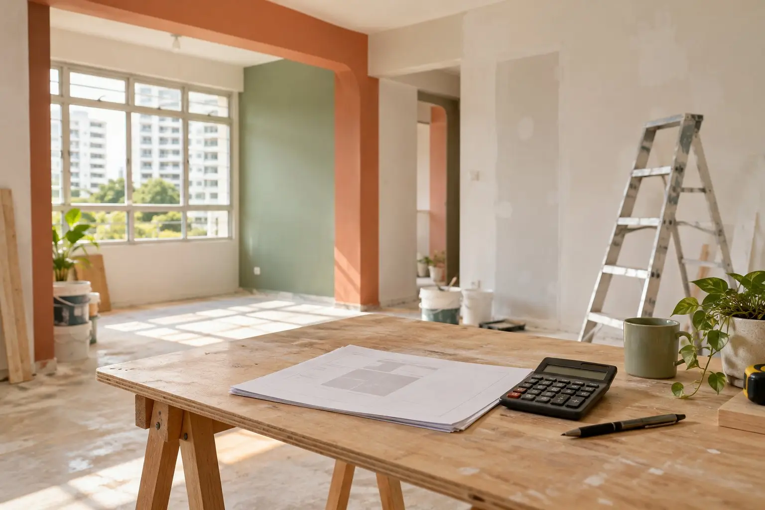 An HDB flat mid-renovation with an itemised quotation and calculator on a work table, bare walls behind, no people