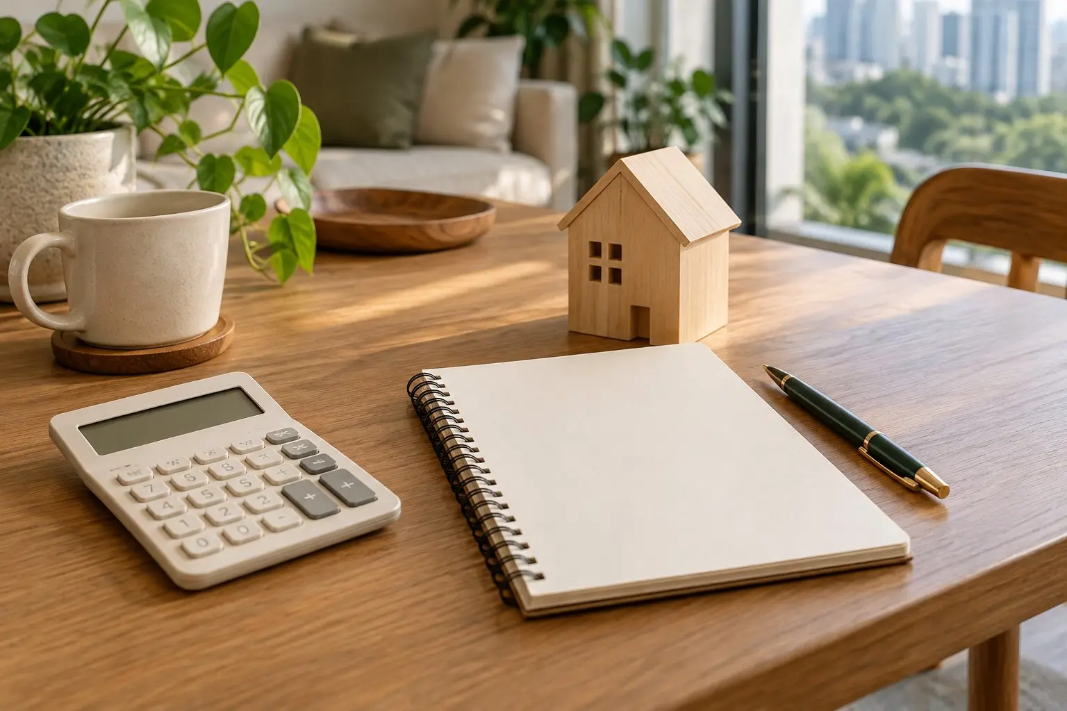 A calm desk flat-lay with a calculator, a blank notebook and a small wooden model house