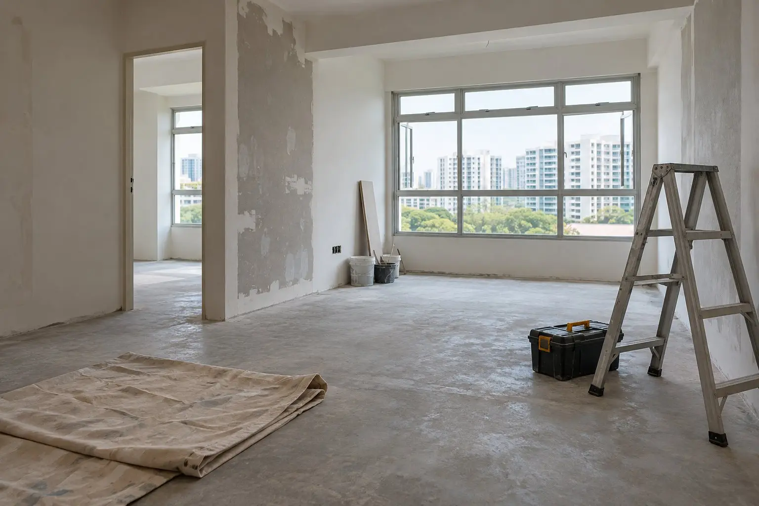 An empty HDB flat interior mid-renovation with tools and a dust sheet, calm daylight and no people