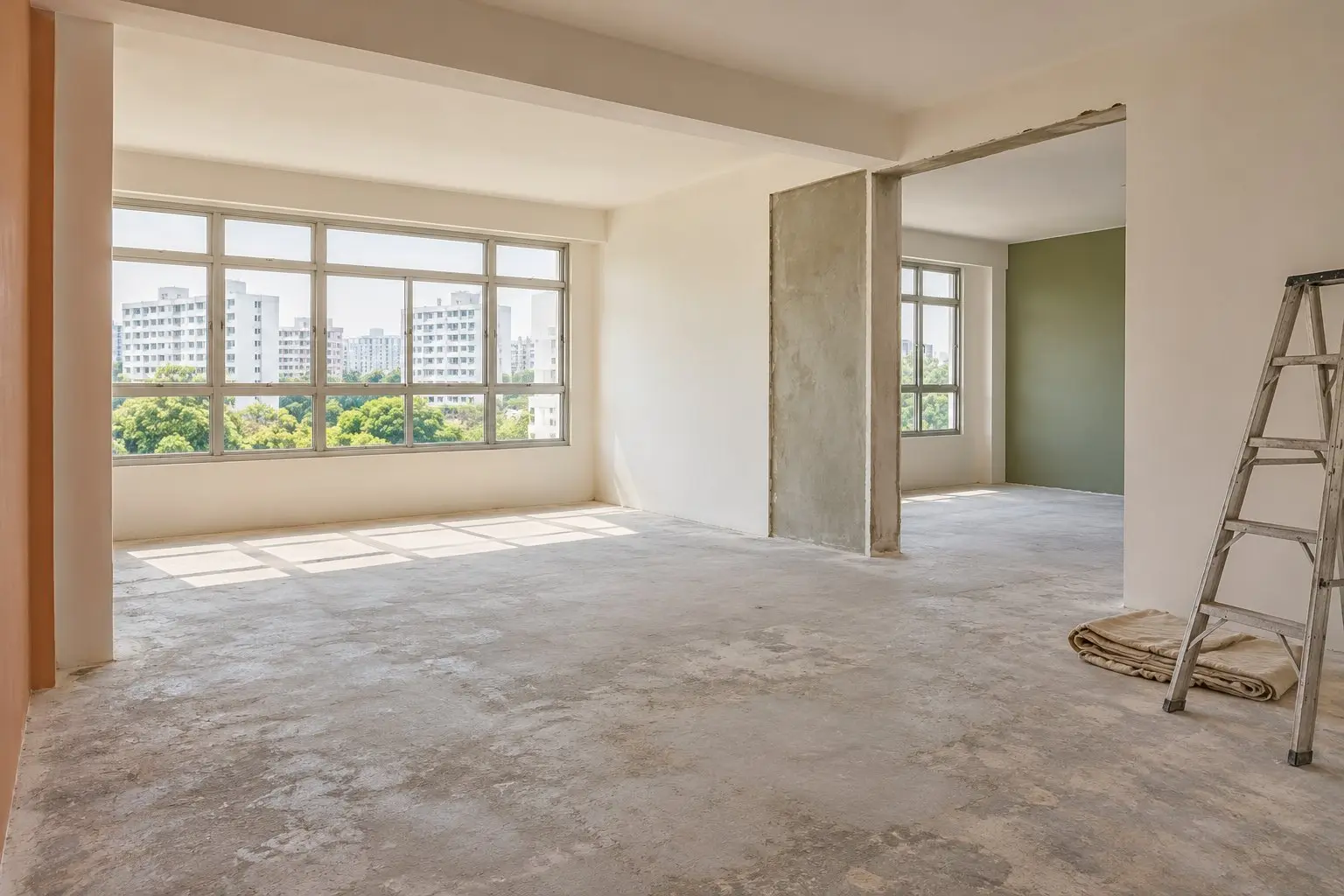 An empty HDB flat mid-renovation with bare screed floor, a step ladder and dust sheets, calm daylight and no people