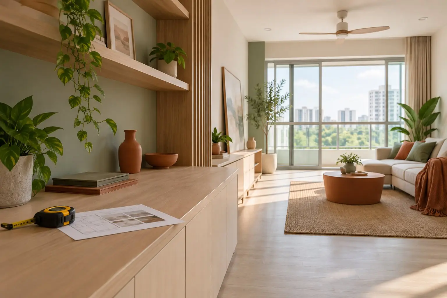 A bright HDB flat kept in its original layout with light carpentry and simple finishes, a tape measure and quotation on the counter, no people